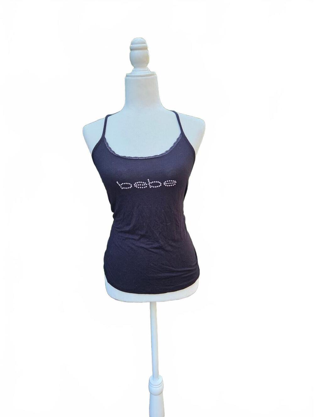 Vintage Bebe Black Rhinestone Logo Y2K Lace Racerback Cami Tank Top Size M